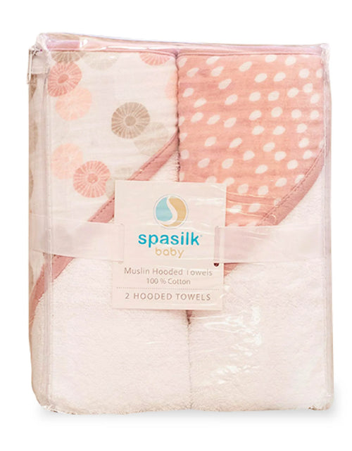 Load image into Gallery viewer, Baby Hooded Towel Bath Set, Muslin Printed Hood, Pack of 2, Pink Shells
