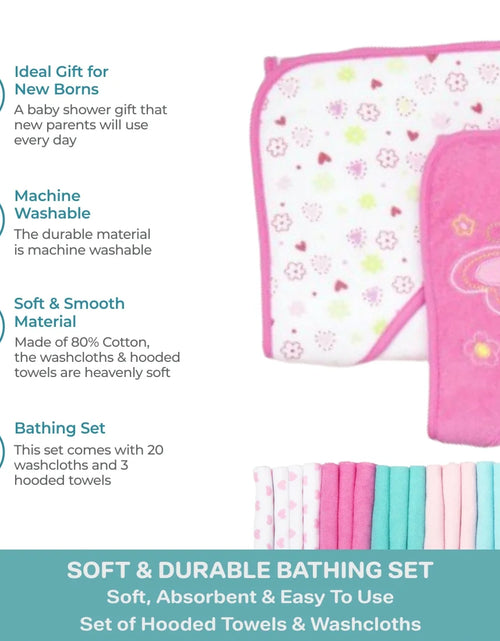 Load image into Gallery viewer, Bath Hooded Towels &amp; Washcloths Set for Babies, 23-Piece Gift Set, Pink Butterfly
