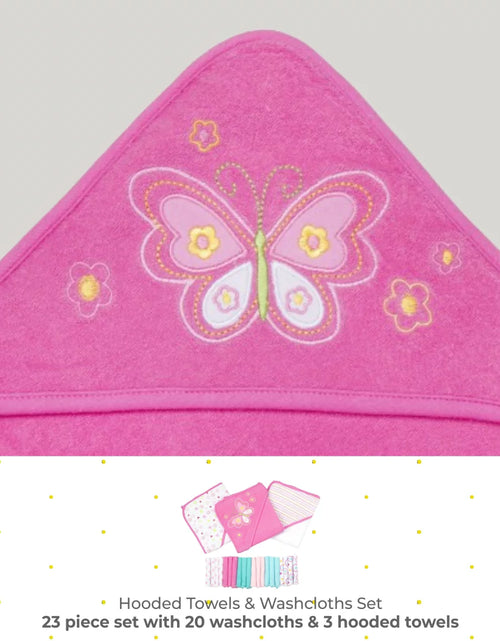 Load image into Gallery viewer, Bath Hooded Towels &amp; Washcloths Set for Babies, 23-Piece Gift Set, Pink Butterfly

