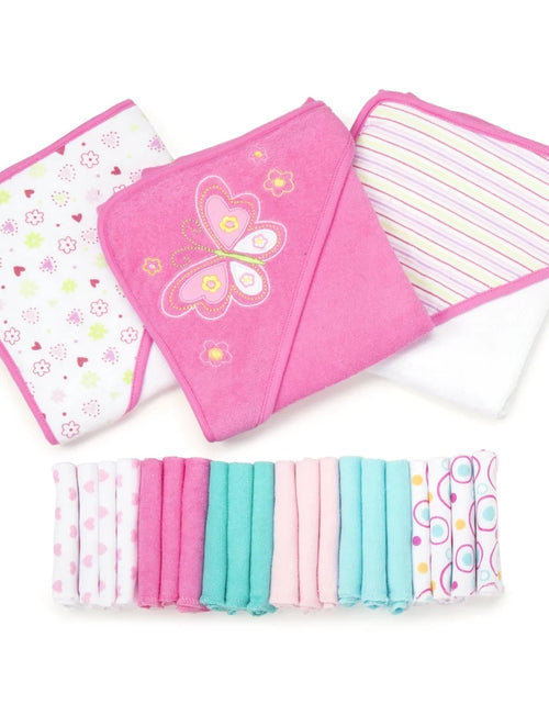 Load image into Gallery viewer, Bath Hooded Towels &amp; Washcloths Set for Babies, 23-Piece Gift Set, Pink Butterfly
