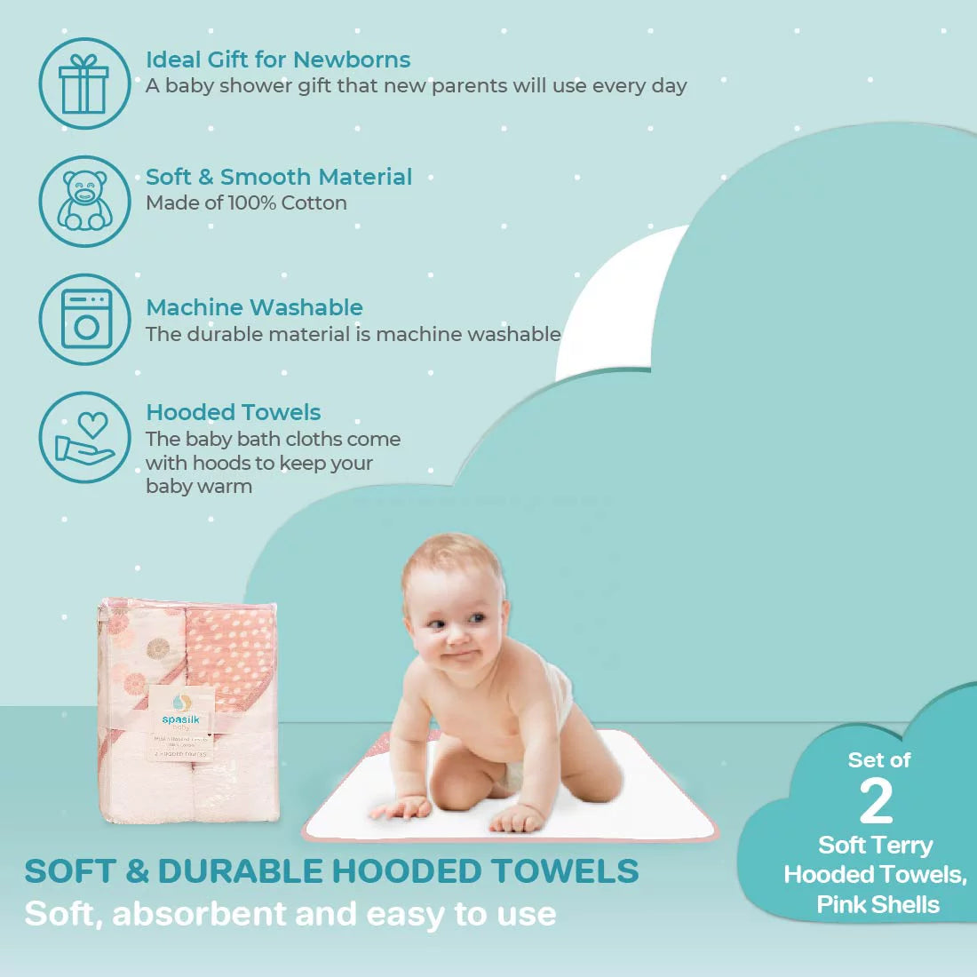 Baby Hooded Towel Bath Set, Muslin Printed Hood, Pack of 2, Pink Shells