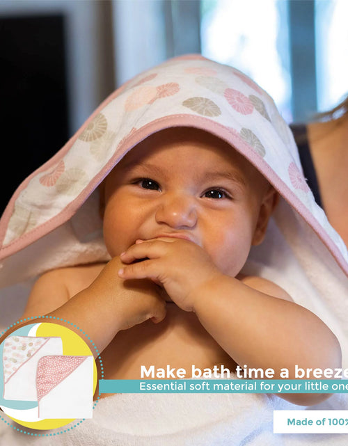 Load image into Gallery viewer, Baby Hooded Towel Bath Set, Muslin Printed Hood, Pack of 2, Pink Shells
