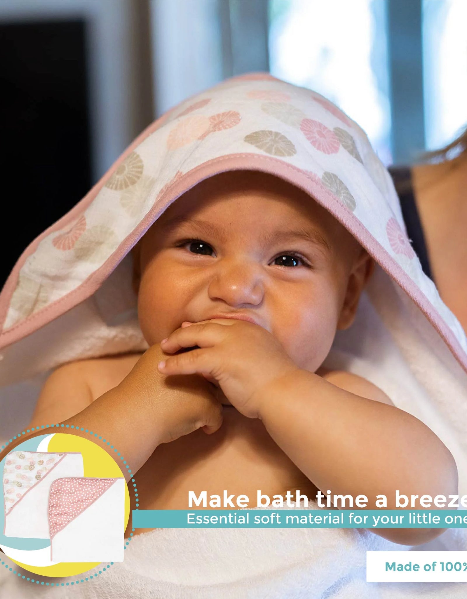 Baby Hooded Towel Bath Set, Muslin Printed Hood, Pack of 2, Pink Shells
