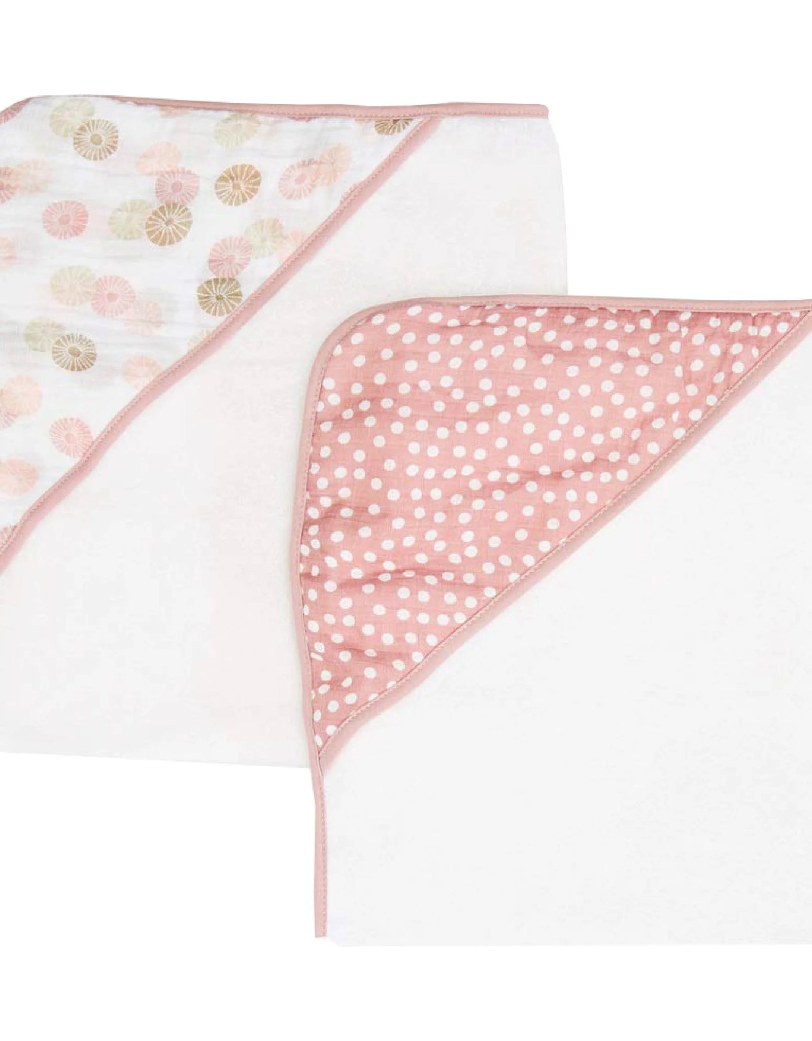 Baby Hooded Towel Bath Set, Muslin Printed Hood, Pack of 2, Pink Shells